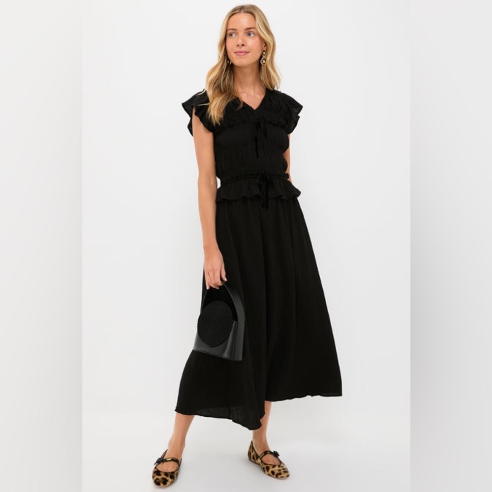 Tuckernuck Moon River Black Flutter Sleeve Smocked Bodice Midi Dress Ruffle Trim - Picture 1 of 11